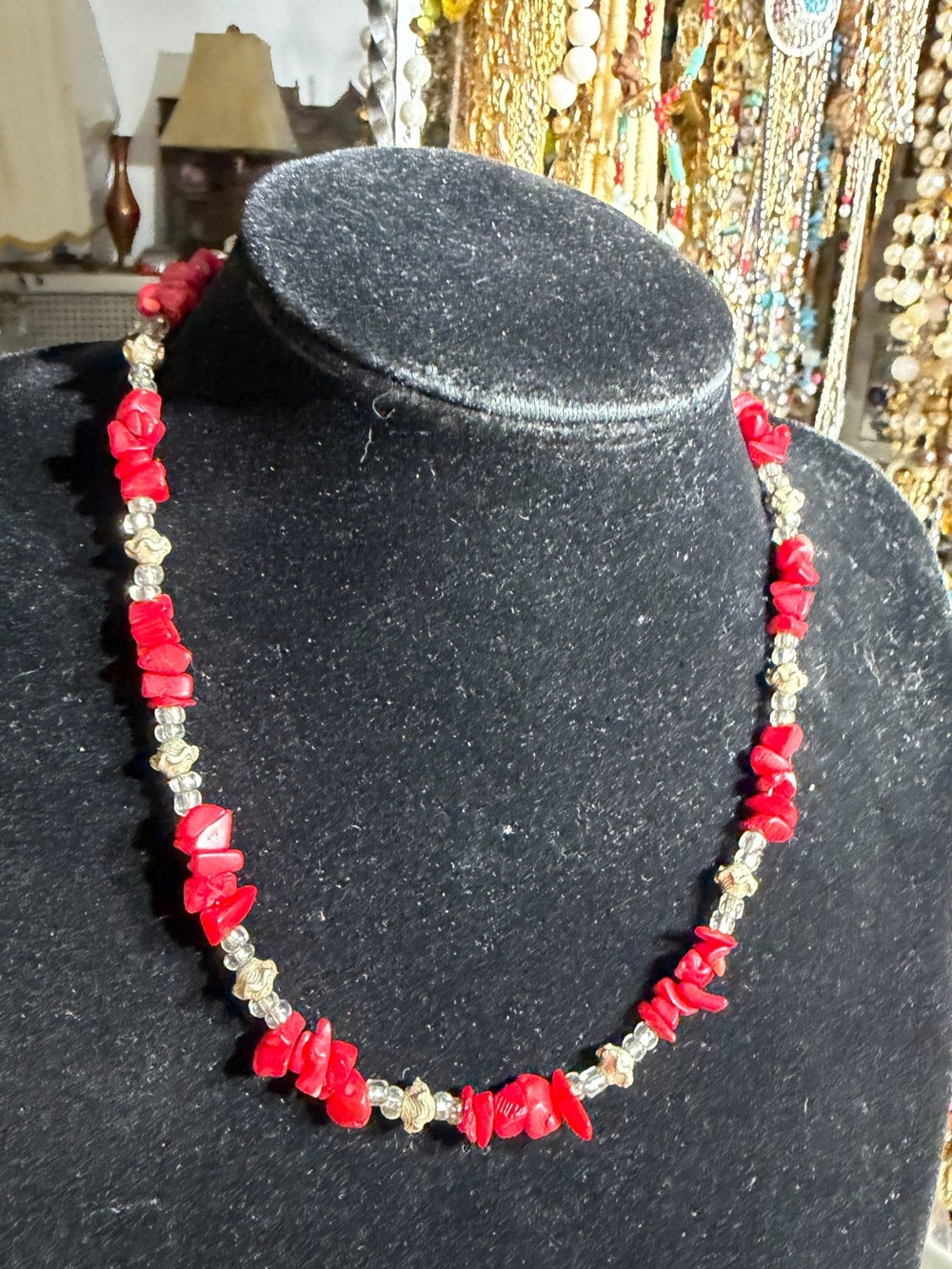 Vintage Red Coral Crystal Beaded Chip Necklace